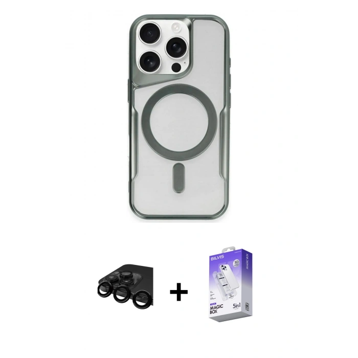 MARSİLYAN™- iPhone 15 Pro Max Kılıf Yadigar Klasik Özel Seri - Siyah Bilvis 5in1 3D Magic Cam Ekran Koruyucu + Raze Metal Kamera Lens - SH