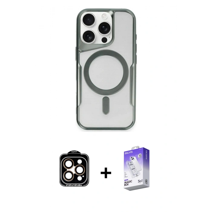MARSİLYAN™- iPhone 15 Pro Max Kılıf Yadigar Klasik Özel Seri - Siyah Bilvis 5in1 3D Magic Cam Ekran Koruyucu + Turuncu PVD Metal Kamera Lens