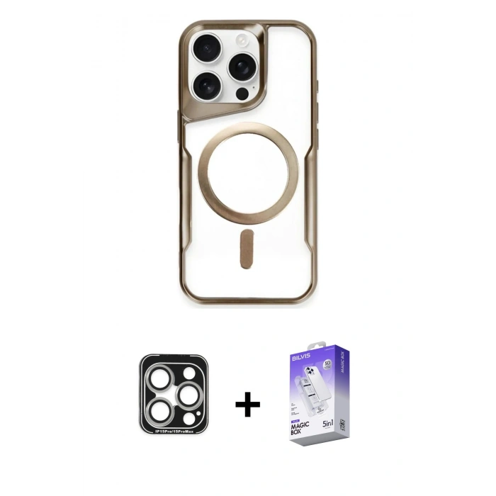 MARSİLYAN™- iPhone 15 Pro Max Kılıf Yadigar Klasik Özel Seri - Siyah Bilvis 5in1 3D Magic Cam Ekran Koruyucu + PVD Metal Kamera Lens - GS