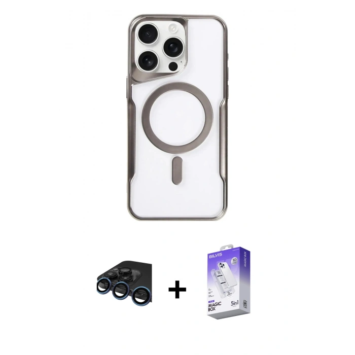 MARSİLYAN™- iPhone 15 Pro Max Kılıf Yadigar Klasik Özel Seri - Siyah Bilvis 5in1 3D Magic Cam Ekran Koruyucu + Raze Metal Kamera Lens - LT