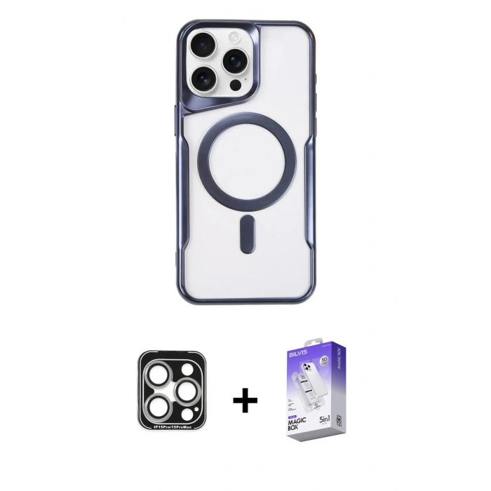 MARSİLYAN™- iPhone 15 Pro Max Kılıf Yadigar Klasik Özel Seri - Siyah Bilvis 5in1 3D Magic Cam Ekran Koruyucu + PVD Metal Kamera Lens - GS