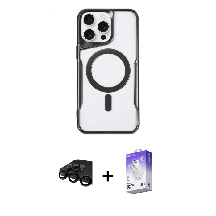MARSİLYAN™- iPhone 15 Pro Max Kılıf Yadigar Klasik Özel Seri - Siyah Bilvis 5in1 3D Magic Cam Ekran Koruyucu + Raze Metal Kamera Lens - SH