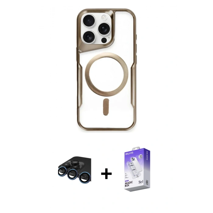MARSİLYAN™- iPhone 15 Pro Max Kılıf Yadigar Klasik Özel Seri - Siyah Bilvis 5in1 3D Magic Cam Ekran Koruyucu + Raze Metal Kamera Lens - LT