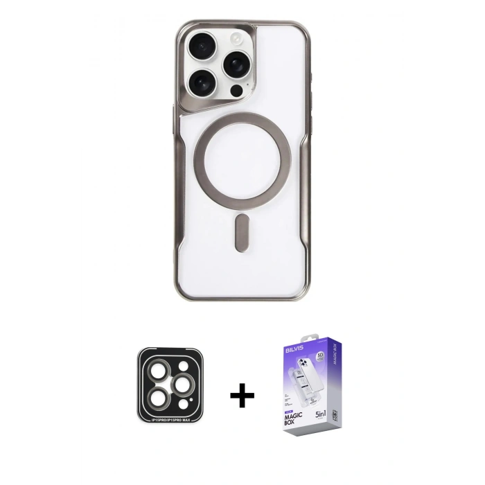 MARSİLYAN™- iPhone 15 Pro Max Kılıf Yadigar Klasik Özel Seri - Siyah Bilvis 5in1 3D Magic Cam Ekran Koruyucu + PVD Metal Kamera Lens - GI