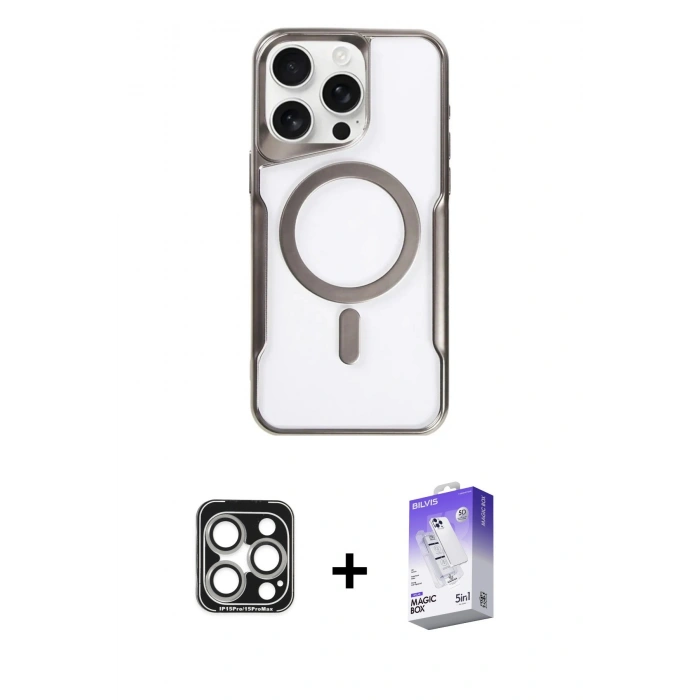 MARSİLYAN™- iPhone 15 Pro Max Kılıf Yadigar Klasik Özel Seri - Siyah Bilvis 5in1 3D Magic Cam Ekran Koruyucu + PVD Metal Kamera Lens - GS
