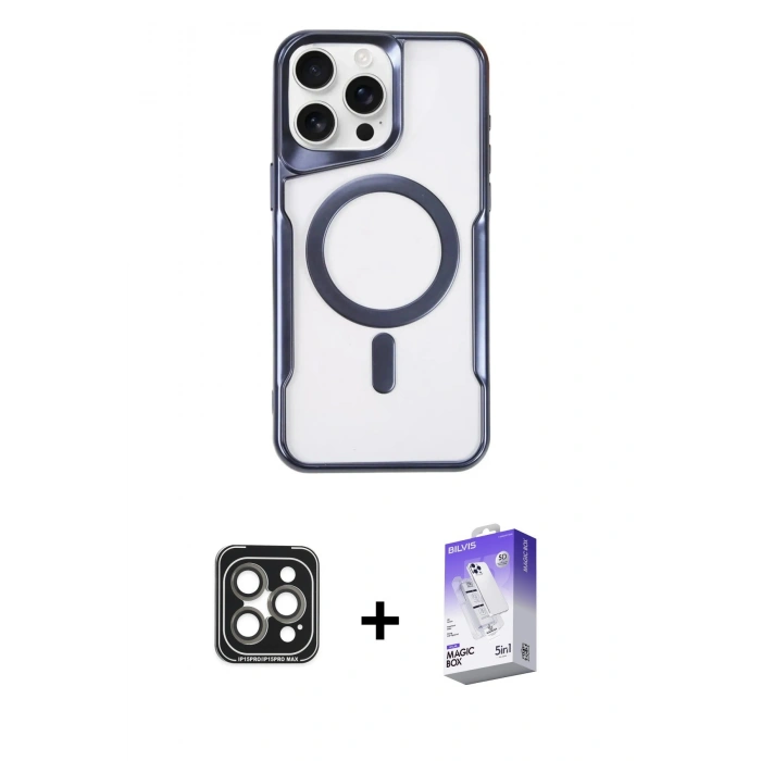 MARSİLYAN™- iPhone 15 Pro Max Kılıf Yadigar Klasik Özel Seri - Siyah Bilvis 5in1 3D Magic Cam Ekran Koruyucu + PVD Metal Kamera Lens - GI