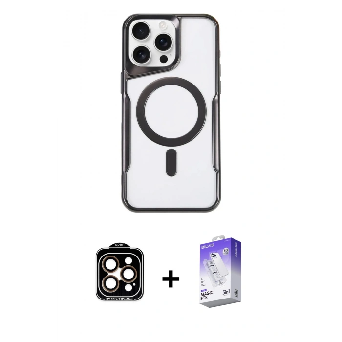 MARSİLYAN™- iPhone 15 Pro Max Kılıf Yadigar Klasik Özel Seri - Siyah Bilvis 5in1 3D Magic Cam Ekran Koruyucu + Turuncu PVD Metal Kamera Lens