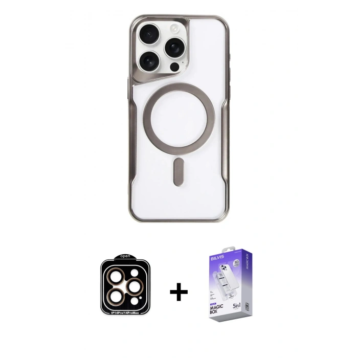 MARSİLYAN™- iPhone 15 Pro Max Kılıf Yadigar Klasik Özel Seri - Siyah Bilvis 5in1 3D Magic Cam Ekran Koruyucu + Turuncu PVD Metal Kamera Lens