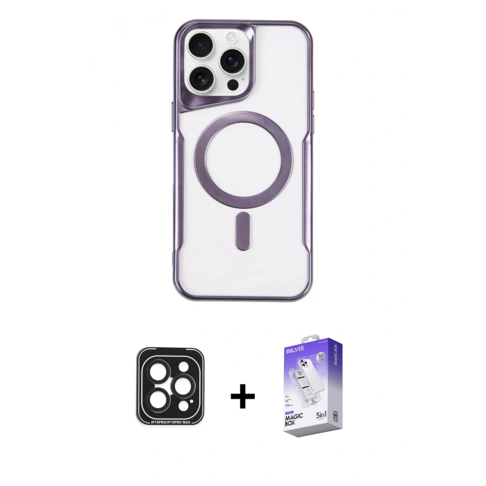 MARSİLYAN™- iPhone 15 Pro Max Kılıf Yadigar Klasik Özel Seri - Siyah Bilvis 5in1 3D Magic Cam Ekran Koruyucu + Siyah PVD Metal Kamera Lens