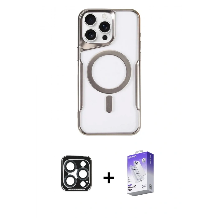 MARSİLYAN™- iPhone 15 Pro Max Kılıf Yadigar Klasik Özel Seri - Siyah Bilvis 5in1 3D Magic Cam Ekran Koruyucu + PVD Metal Kamera Lens - LT
