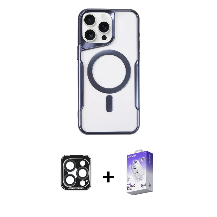 MARSİLYAN™- iPhone 15 Pro Max Kılıf Yadigar Klasik Özel Seri - Siyah Bilvis 5in1 3D Magic Cam Ekran Koruyucu + PVD Metal Kamera Lens - LT