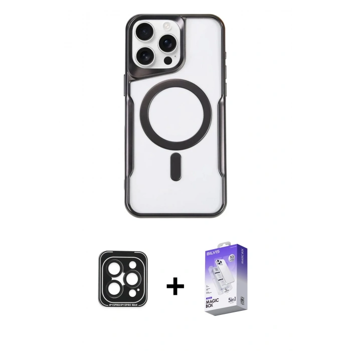 MARSİLYAN™- iPhone 15 Pro Max Kılıf Yadigar Klasik Özel Seri - Siyah Bilvis 5in1 3D Magic Cam Ekran Koruyucu + Siyah PVD Metal Kamera Lens