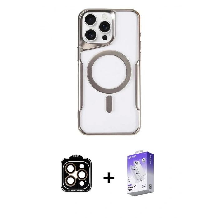 MARSİLYAN™- iPhone 15 Pro Max Kılıf Yadigar Klasik Özel Seri - Siyah Bilvis 5in1 3D Magic Cam Ekran Koruyucu + Turuncu PVD Metal Kamera Lens