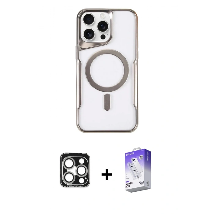 MARSİLYAN™- iPhone 15 Pro Max Kılıf Yadigar Klasik Özel Seri - Siyah Bilvis 5in1 3D Magic Cam Ekran Koruyucu + PVD Metal Kamera Lens - GS
