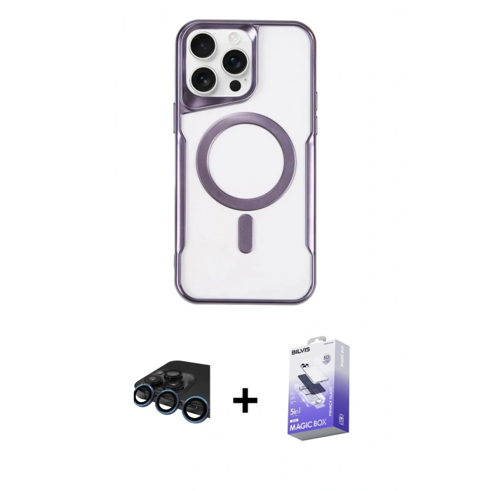 MARSİLYAN™- iPhone 15 Pro Max Kılıf Yadigar Klasik Özel Seri - Siyah Bilvis 5in1 5D Magic Hayalet Cam Ekran Koruyucu + Raze Metal Kamera Lens - LT