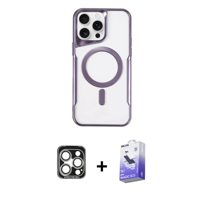 MARSİLYAN™- iPhone 15 Pro Max Kılıf Yadigar Klasik Özel Seri - Siyah Bilvis 5in1 5D Magic Hayalet Cam Ekran Koruyucu + Gümüş PVD Metal Kamera Lens
