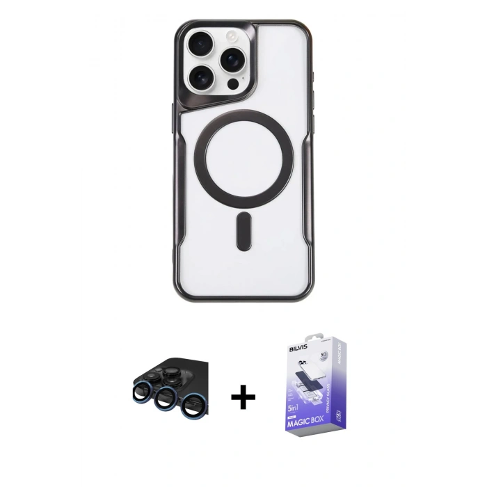 MARSİLYAN™- iPhone 15 Pro Max Kılıf Yadigar Klasik Özel Seri - Siyah Bilvis 5in1 5D Magic Hayalet Cam Ekran Koruyucu + Raze Metal Kamera Lens - LT