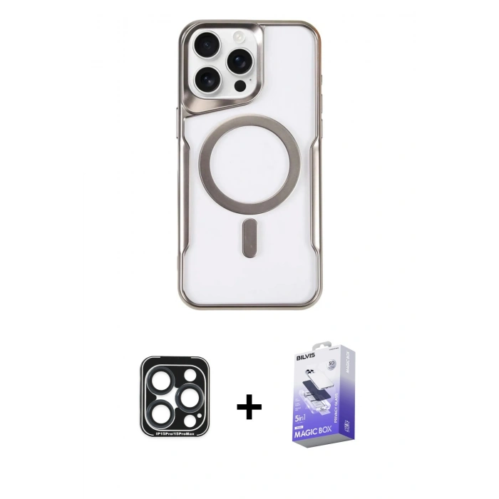 MARSİLYAN™- iPhone 15 Pro Max Kılıf Yadigar Klasik Özel Seri - Siyah Bilvis 5in1 5D Magic Hayalet Cam Ekran Koruyucu + PVD Metal Kamera Lens - LT