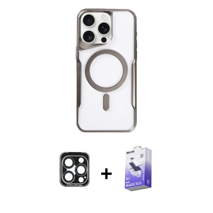 MARSİLYAN™- iPhone 15 Pro Max Kılıf Yadigar Klasik Özel Seri - Siyah Bilvis 5in1 5D Magic Hayalet Cam Ekran Koruyucu + PVD Metal Kamera Lens - LT