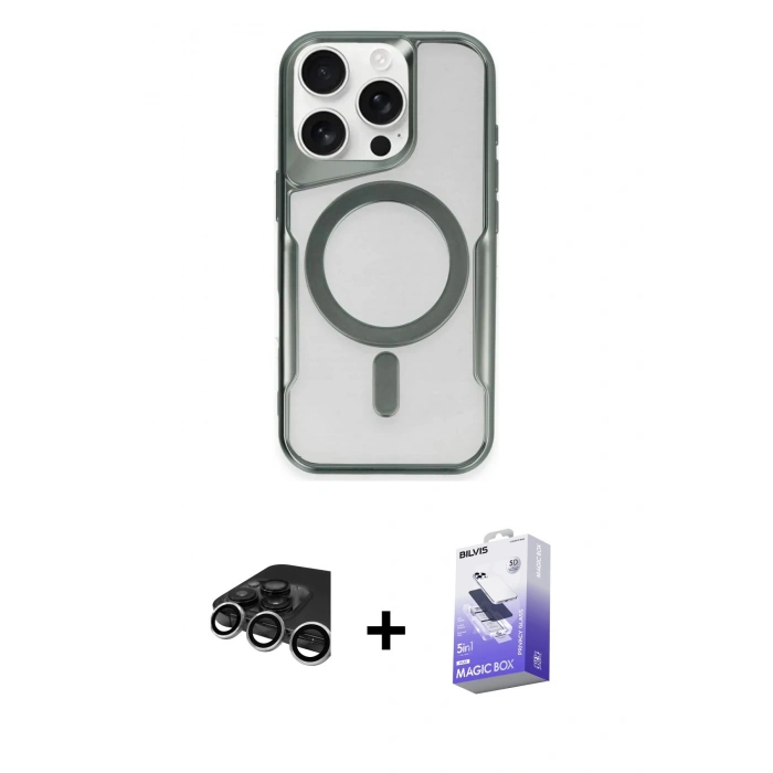 MARSİLYAN™- iPhone 15 Pro Max Kılıf Yadigar Klasik Özel Seri - Siyah Bilvis 5in1 5D Magic Hayalet Cam Ekran Koruyucu + Raze Metal Kamera Lens - GS