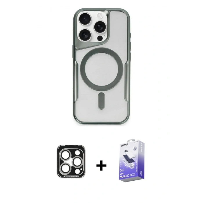 MARSİLYAN™- iPhone 15 Pro Max Kılıf Yadigar Klasik Özel Seri - Siyah Bilvis 5in1 5D Magic Hayalet Cam Ekran Koruyucu + Gümüş PVD Metal Kamera Lens