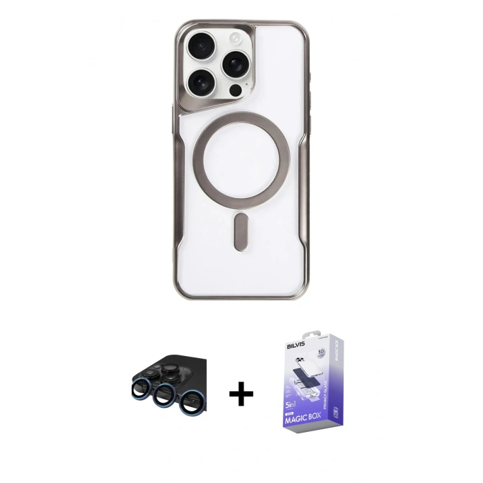 MARSİLYAN™- iPhone 15 Pro Max Kılıf Yadigar Klasik Özel Seri - Siyah Bilvis 5in1 5D Magic Hayalet Cam Ekran Koruyucu + Raze Metal Kamera Lens - LT