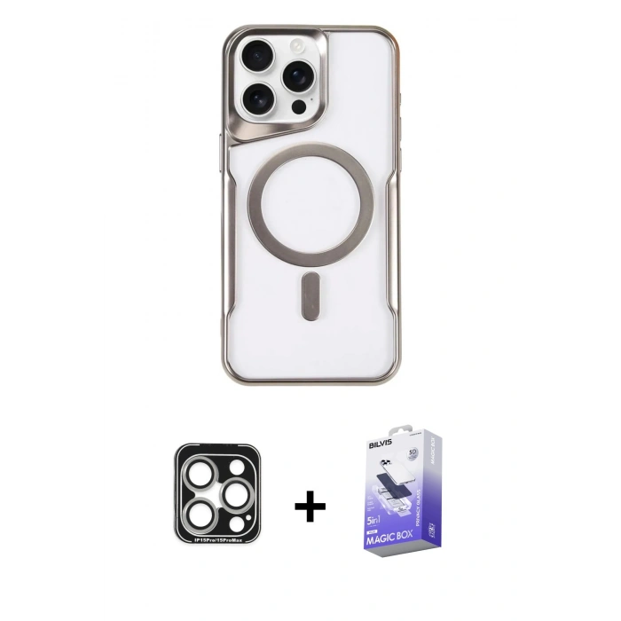 MARSİLYAN™- iPhone 15 Pro Max Kılıf Yadigar Klasik Özel Seri - Siyah Bilvis 5in1 5D Magic Hayalet Cam Ekran Koruyucu + Gümüş PVD Metal Kamera Lens