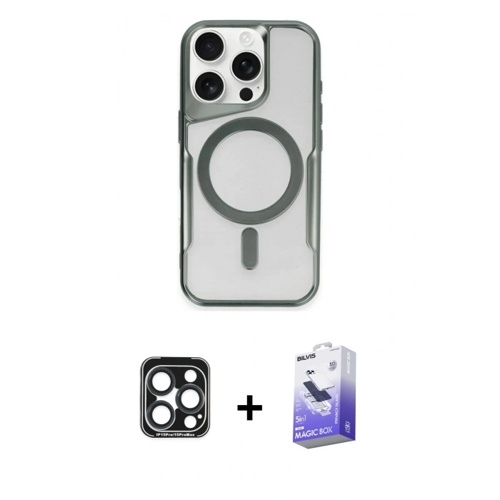 MARSİLYAN™- iPhone 15 Pro Max Kılıf Yadigar Klasik Özel Seri - Siyah Bilvis 5in1 5D Magic Hayalet Cam Ekran Koruyucu + PVD Metal Kamera Lens - LT