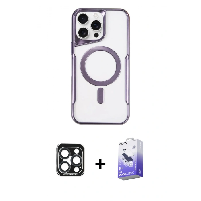 MARSİLYAN™- iPhone 15 Pro Max Kılıf Yadigar Klasik Özel Seri - Siyah Bilvis 5in1 5D Magic Hayalet Cam Ekran Koruyucu + PVD Metal Kamera Lens - LT