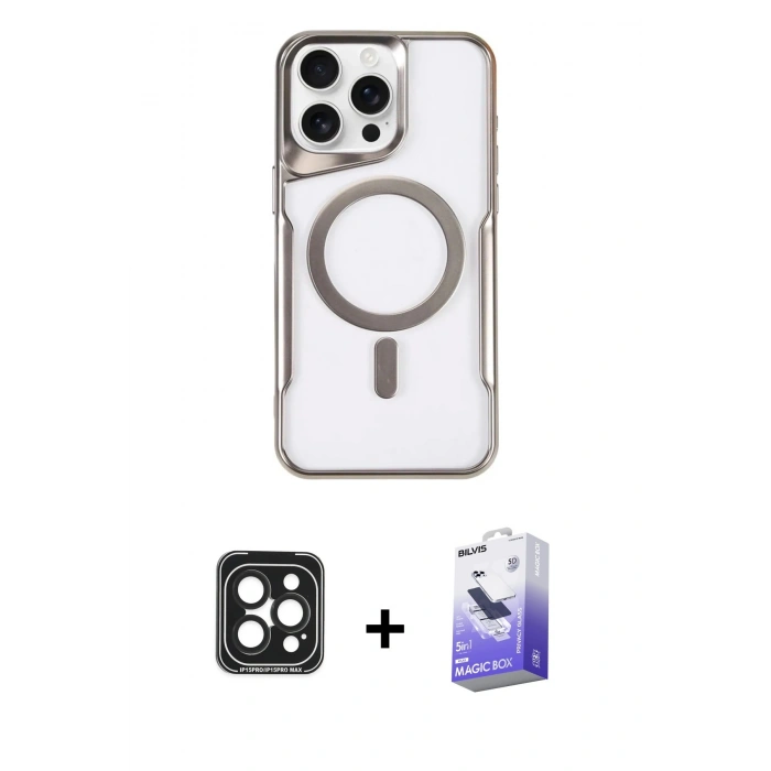 MARSİLYAN™- iPhone 15 Pro Max Kılıf Yadigar Klasik Özel Seri - Siyah Bilvis 5in1 5D Magic Hayalet Cam Ekran Koruyucu + PVD Metal Kamera Lens - SH
