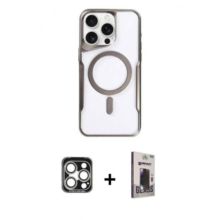 MARSİLYAN™- iPhone 15 Pro Max Kılıf Yadigar Klasik Özel Seri - Siyah Bilvis Hayalet Cam Ekran Koruyucu + Gümüş PVD Metal Kamera Lens