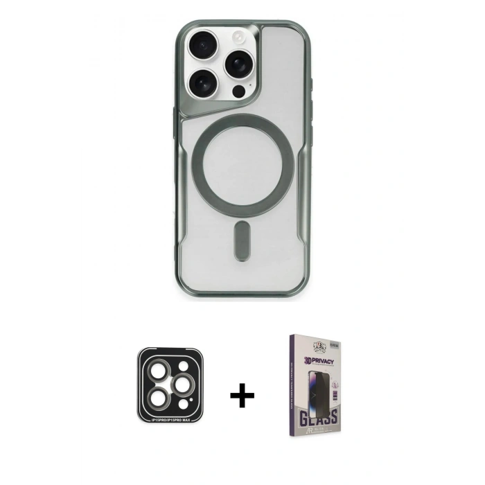 MARSİLYAN™- iPhone 15 Pro Max Kılıf Yadigar Klasik Özel Seri - Siyah Bilvis Hayalet Cam Ekran Koruyucu + Gri PVD Metal Kamera Lens