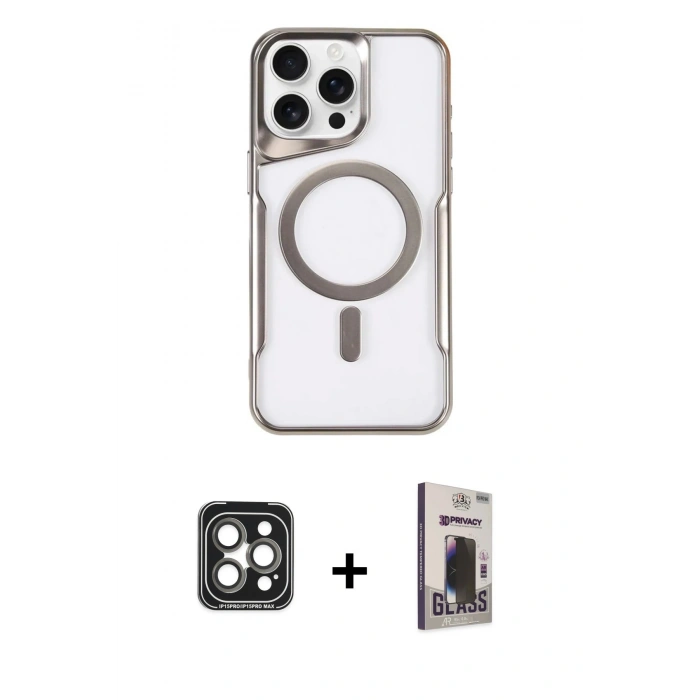 MARSİLYAN™- iPhone 15 Pro Max Kılıf Yadigar Klasik Özel Seri - Siyah Bilvis Hayalet Cam Ekran Koruyucu + Gri PVD Metal Kamera Lens