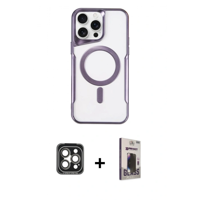 MARSİLYAN™- iPhone 15 Pro Max Kılıf Yadigar Klasik Özel Seri - Siyah Bilvis Hayalet Cam Ekran Koruyucu + Gri PVD Metal Kamera Lens