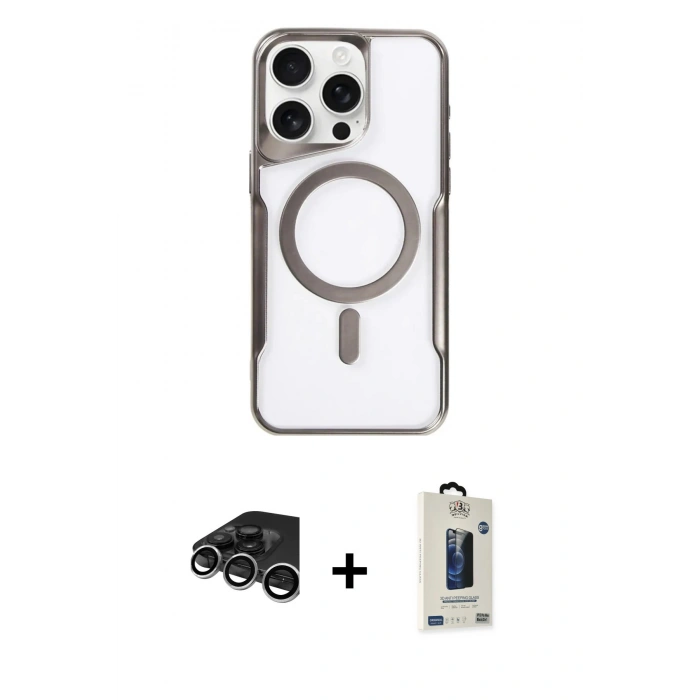 MARSİLYAN™- iPhone 15 Pro Max Kılıf Yadigar Klasik Özel Seri - Siyah Bilvis Hayalet Cam Ekran Koruyucu + Gümüş Raze Metal Kamera Lens