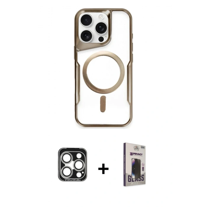 MARSİLYAN™- iPhone 15 Pro Max Kılıf Yadigar Klasik Özel Seri - Siyah Bilvis Hayalet Cam Ekran Koruyucu + Gümüş PVD Metal Kamera Lens