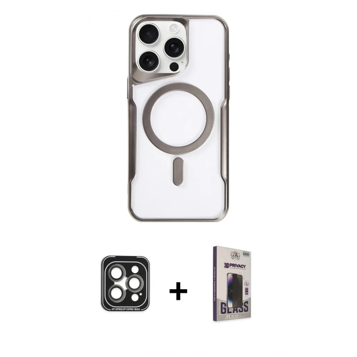 MARSİLYAN™- iPhone 15 Pro Max Kılıf Yadigar Klasik Özel Seri - Siyah Bilvis Hayalet Cam Ekran Koruyucu + Gri PVD Metal Kamera Lens