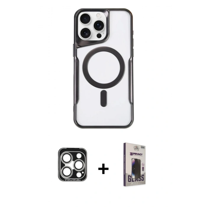 MARSİLYAN™- iPhone 15 Pro Max Kılıf Yadigar Klasik Özel Seri - Siyah Bilvis Hayalet Cam Ekran Koruyucu + Gümüş PVD Metal Kamera Lens