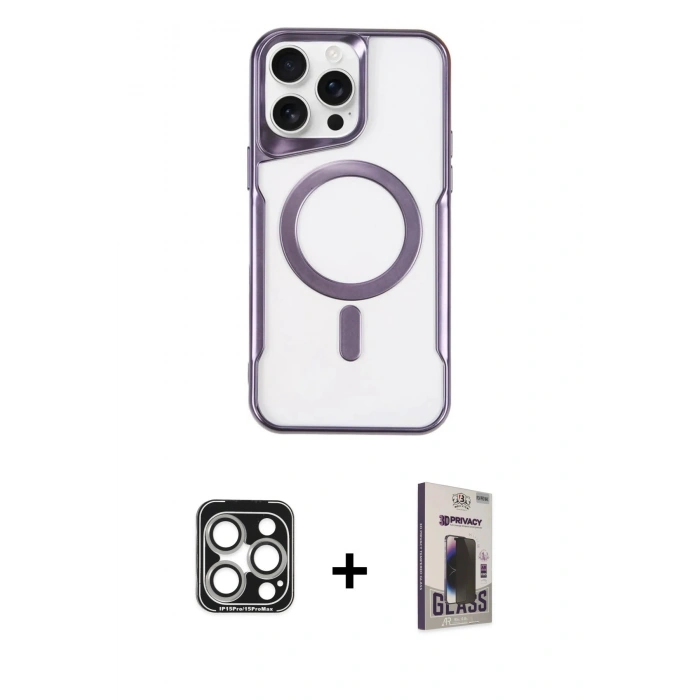 MARSİLYAN™- iPhone 15 Pro Max Kılıf Yadigar Klasik Özel Seri - Siyah Bilvis Hayalet Cam Ekran Koruyucu + Gümüş PVD Metal Kamera Lens