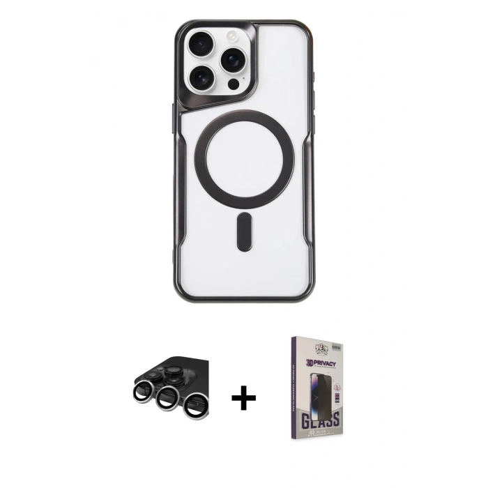 MARSİLYAN™- iPhone 15 Pro Max Kılıf Yadigar Klasik Özel Seri - Siyah Bilvis Hayalet Cam Ekran Koruyucu + Raze Metal Kamera Lens - GS