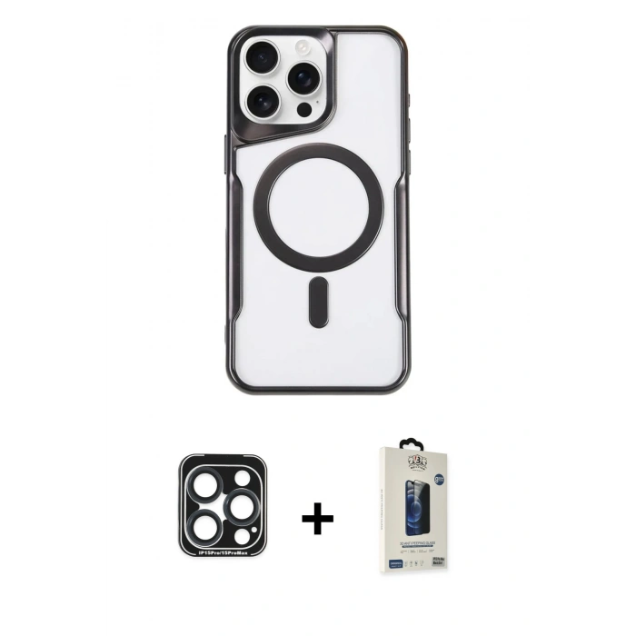 MARSİLYAN™- iPhone 15 Pro Max Kılıf Yadigar Klasik Özel Seri - Siyah Bilvis Hayalet Cam Ekran Koruyucu + PVD Metal Kamera Lens - LT