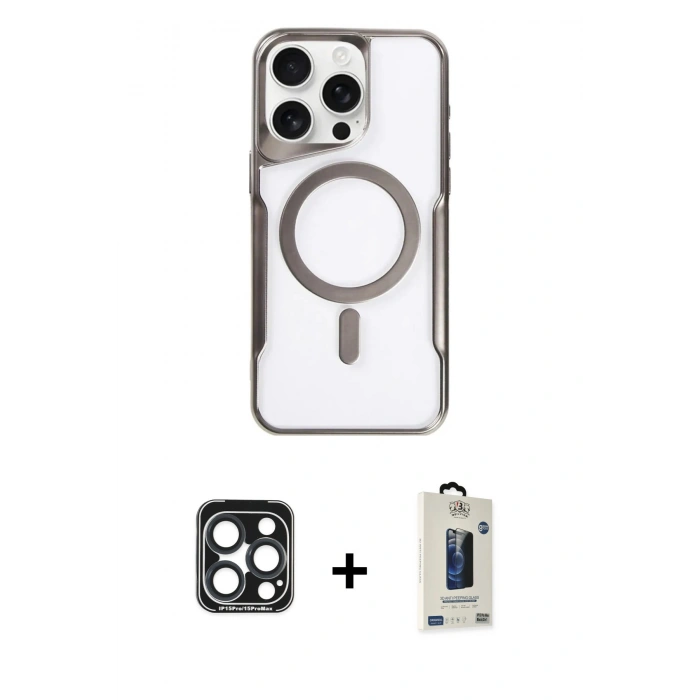 MARSİLYAN™- iPhone 15 Pro Max Kılıf Yadigar Klasik Özel Seri - Siyah Bilvis Hayalet Cam Ekran Koruyucu + PVD Metal Kamera Lens - LT