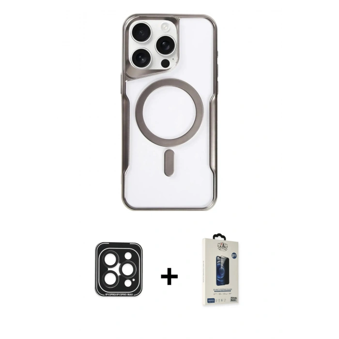 MARSİLYAN™- iPhone 15 Pro Max Kılıf Yadigar Klasik Özel Seri - Siyah Bilvis Hayalet Cam Ekran Koruyucu + PVD Metal Kamera Lens - SH