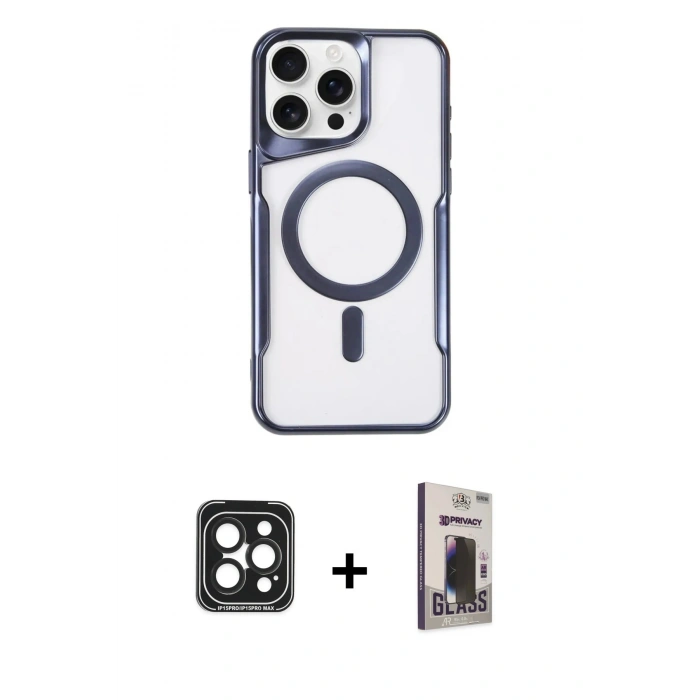 MARSİLYAN™- iPhone 15 Pro Max Kılıf Yadigar Klasik Özel Seri - Siyah Bilvis Hayalet Cam Ekran Koruyucu + PVD Metal Kamera Lens - SH