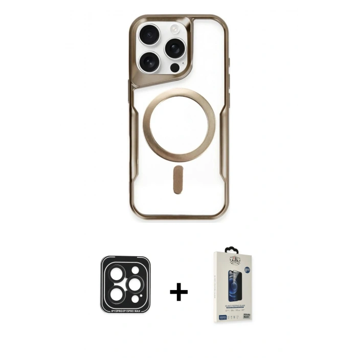 MARSİLYAN™- iPhone 15 Pro Max Kılıf Yadigar Klasik Özel Seri - Siyah Bilvis Hayalet Cam Ekran Koruyucu + PVD Metal Kamera Lens - SH