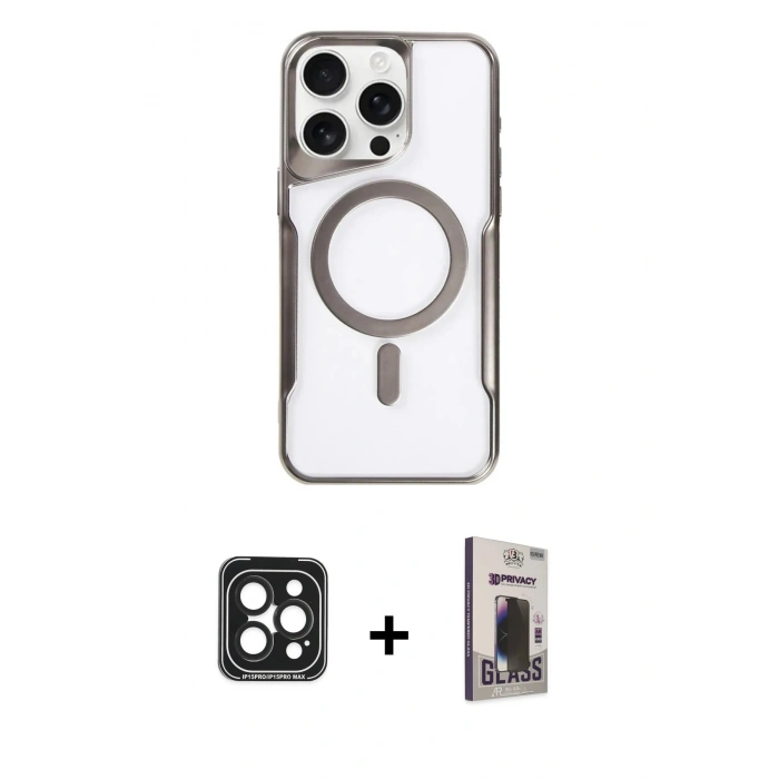 MARSİLYAN™- iPhone 15 Pro Max Kılıf Yadigar Klasik Özel Seri - Siyah Bilvis Hayalet Cam Ekran Koruyucu + PVD Metal Kamera Lens - SH