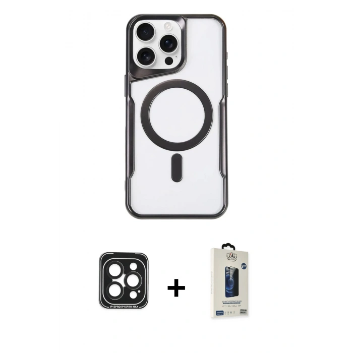 MARSİLYAN™- iPhone 15 Pro Max Kılıf Yadigar Klasik Özel Seri - Siyah Bilvis Hayalet Cam Ekran Koruyucu + PVD Metal Kamera Lens - SH