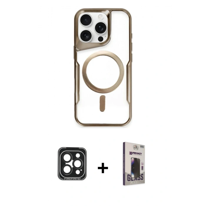 MARSİLYAN™- iPhone 15 Pro Max Kılıf Yadigar Klasik Özel Seri - Siyah Bilvis Hayalet Cam Ekran Koruyucu + PVD Metal Kamera Lens - SH
