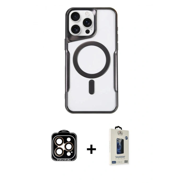 MARSİLYAN™- iPhone 15 Pro Max Kılıf Yadigar Klasik Özel Seri - Siyah Bilvis Hayalet Cam Ekran Koruyucu + PVD Metal Kamera Lens - TU