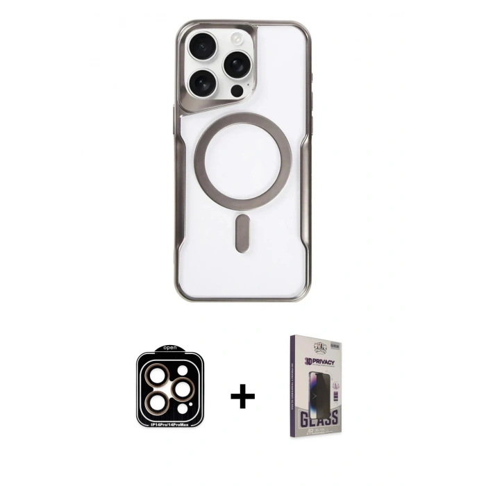 MARSİLYAN™- iPhone 15 Pro Max Kılıf Yadigar Klasik Özel Seri - Siyah Bilvis Hayalet Cam Ekran Koruyucu + PVD Metal Kamera Lens - TU